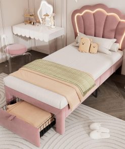 Sweiko Lit Enfant capitonné 90 x 190 cm, lit Simple LED avec tiroirs, Cadre de lit Junior avec sommier à Lattes et tête de lit réglable, Velours Lits de Rangement