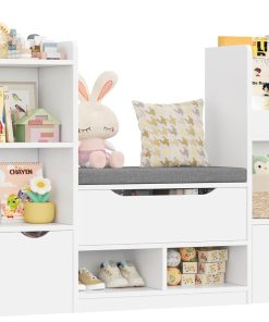 FOREHILL Meuble Rangement Enfant 183.5cm Bibliothèque Enfant avec Banc 11 Étagères 3 Tiroirs Roulants Rangement Jouet pour Chambre d’Enfants Salle de Jeu 183.5x29.8 x94.5 cm