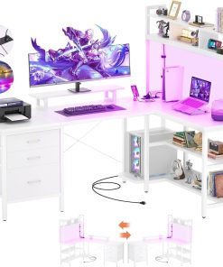Bureau en L avec clapier, Bureau Gaming avec éclairage LED, Bureau d'ordinateur réversible avec Prise de Courant, Bureau d'angle avec tiroir classeur et Support d'écran, Blanc