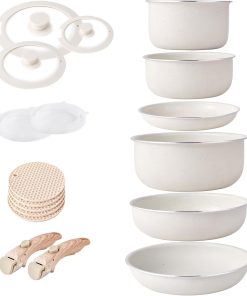 RIOVARM Induction Batterie de cuisine avec Poignées Détachables, Empilables Antiadhésive Granit Sets de poêles et casseroles avec Couvercles, Peu encombrant Poêle à frire Sans PFOA