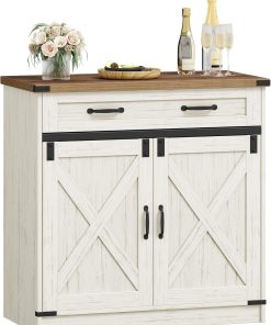 Hzuaneri Buffet, Meuble Cuisine à 1 Tiroir, Meuble de Rangement à 2 Portes, Étagères Réglables, Style Cottage, Cuisine, Salon, 40 × 80 × 80 cm, Marron Rustique et Blanc SC84814X