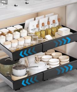 Tiroir Coulissant Cuisine Adhesif, Rangement Coulissant Placard Cuisine Noir, Tiroir Télescopique Extensible Largeur Ajustable 32-52cm, Sans perçage ni Clouage Requis (1 Pièces)