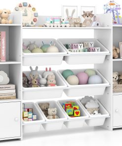 COSTWAY Meuble de Rangement Jouets avec 8 Boîtes Amovibles en Plastique, Bibliothèque Enfants avec Étagère Ouverte 3 Niveaux & 2 Armoires, pour Salle de Jeux Chambre d'enfant, 142x30x100cm (Blanc)