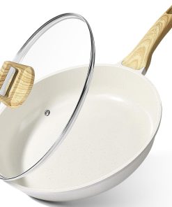 GiPP Poêle à Frire Antiadhésive en Céramique avec Couvercle– Poêle Saine et Non Toxique, Compatible Induction, Sans PFAS ni PFOA, Passe au Lave-Vaisselle(Blanchâtre,20CM+Couvercle)