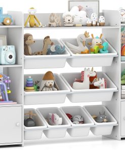 GOPLUS Meuble Rangement Jouets Enfant, Étagère à 4 Niveaux avec 6 Compartiments et 8 Bacs Amovibles, Bibliotheque Enfant pour Chambre Salon Salle de Jeu, 142x30x100cm (Blanc)