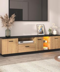 BTM Meuble TV LED, Etagère en Verre, 3 Portes, Compartiments Ouverts e Tiroir, Banc TV pour Salon Chambre, Noir et Bois Naturel, 180x40x45cm