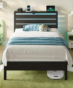 Rolanstar Lit Simple 90x190 cm avec LED, Ports USB & C, tête de lit et Rangement sous lit, Sommier métal, Facile à Assembler – Noir